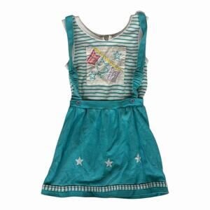 Vintage 80s/90s Girls Teal Striped Overall Dress With Embroidered Stars Size 5